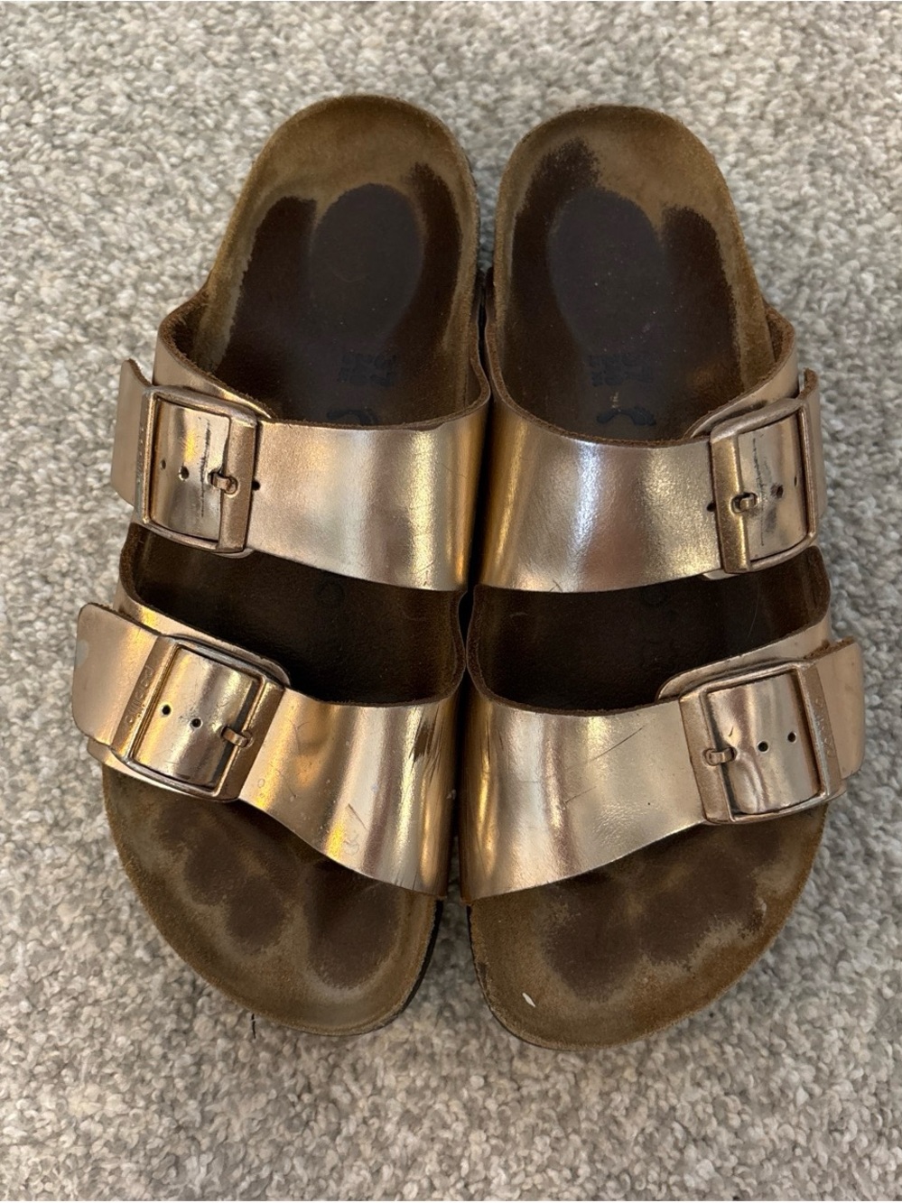 Papillio Metallic Rose Gold Double Buckle Slide Sandals